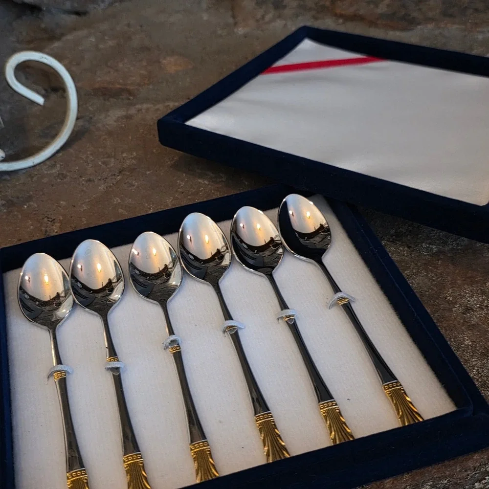 Baek San Royal 18-8 Stainless Steel Demitasse Spoons Gold Trim Set of 6 with Box